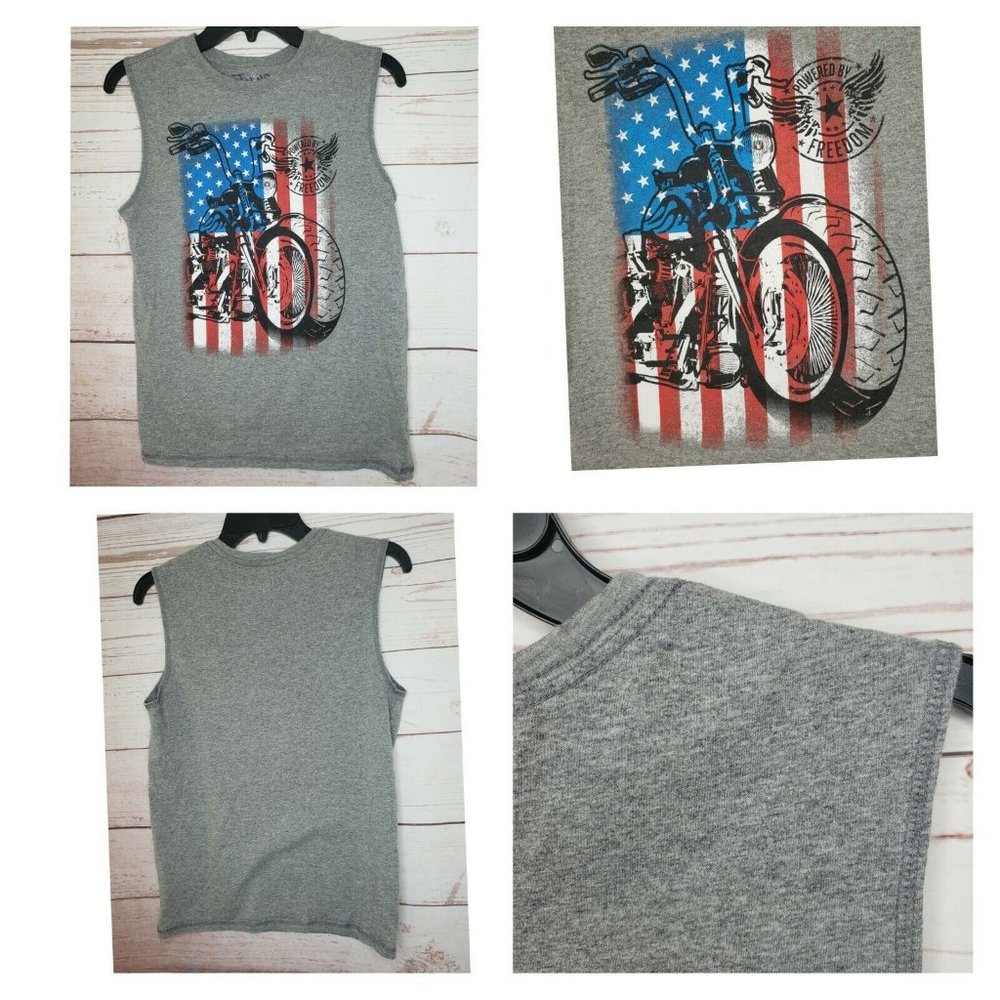 Powered By Freedom Motorcycle American Flag Kids Grey Tank Top XL 14-16